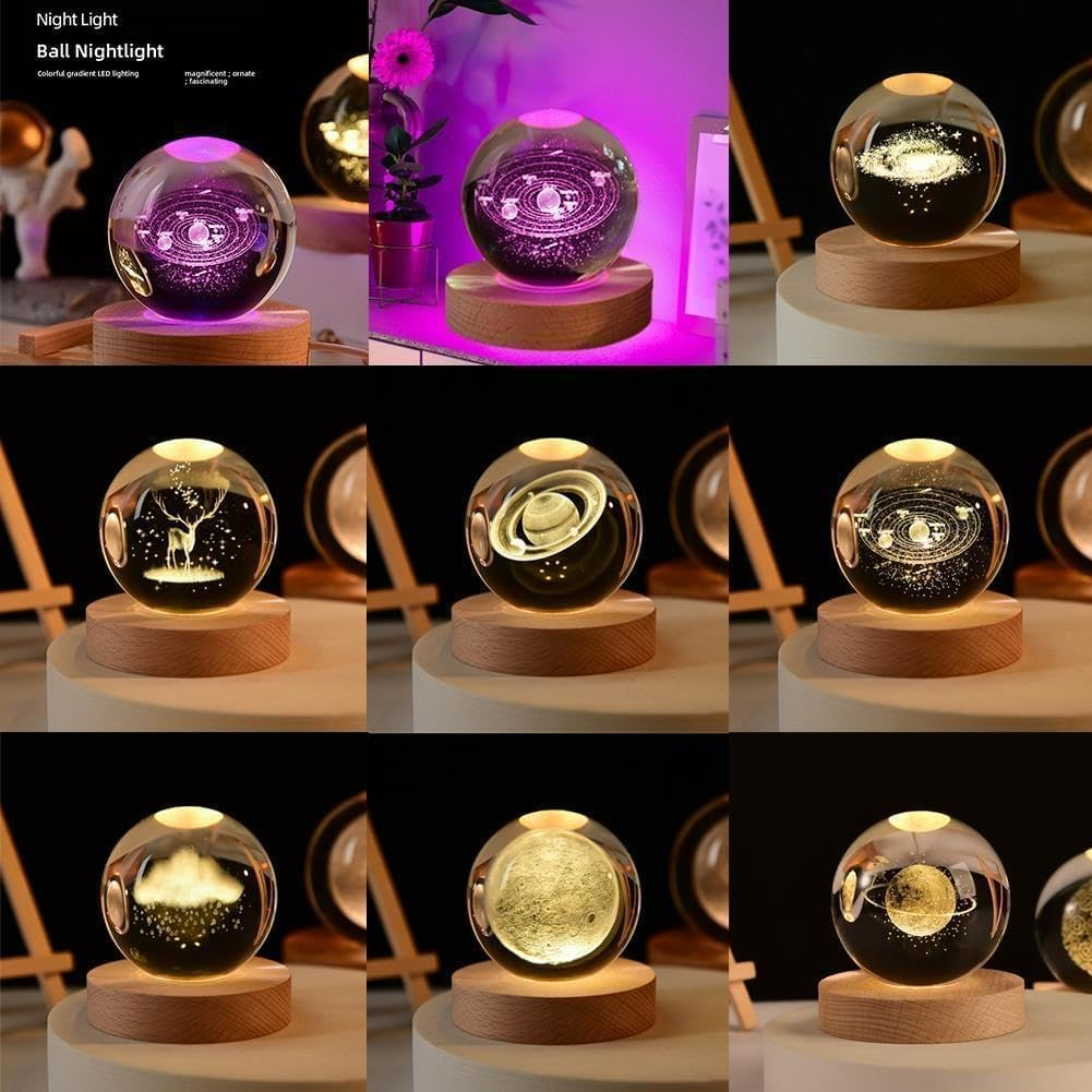 Rynova 3D Saturn Crystal Night Light for Kids Glass Night Lamp with Wooden Base Fantasy Decoration Crsytal Ball Saturn LED Galaxy Planet Nightlight Bedroom Decor image number 6