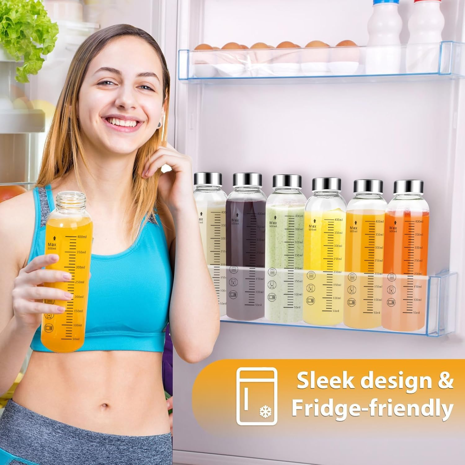 Clear Glass Bottles Set of 6, 18Oz/530Ml Reusable Glass Water Bottle with Stainless Steel Cap for Juicing, Refrigerator, 100% Leak Proof, Glass Juice Bottle for Fruit Juice, Tea, Water image number 1