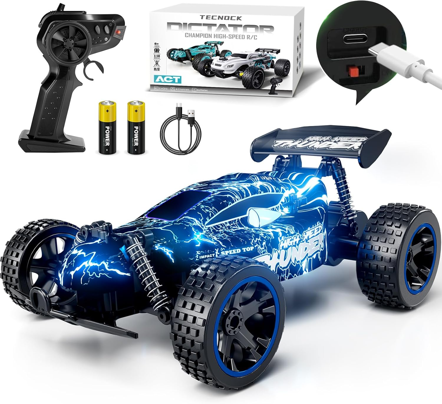 Tecnock RC Cars Remote Control Car for Kids, 1:18 Scale 20 KM/H 2WD Offroad Buggy, 2.4Ghz RC Racing Car with USB-C Easy Charging & 50 Mins Playtime（Blue）