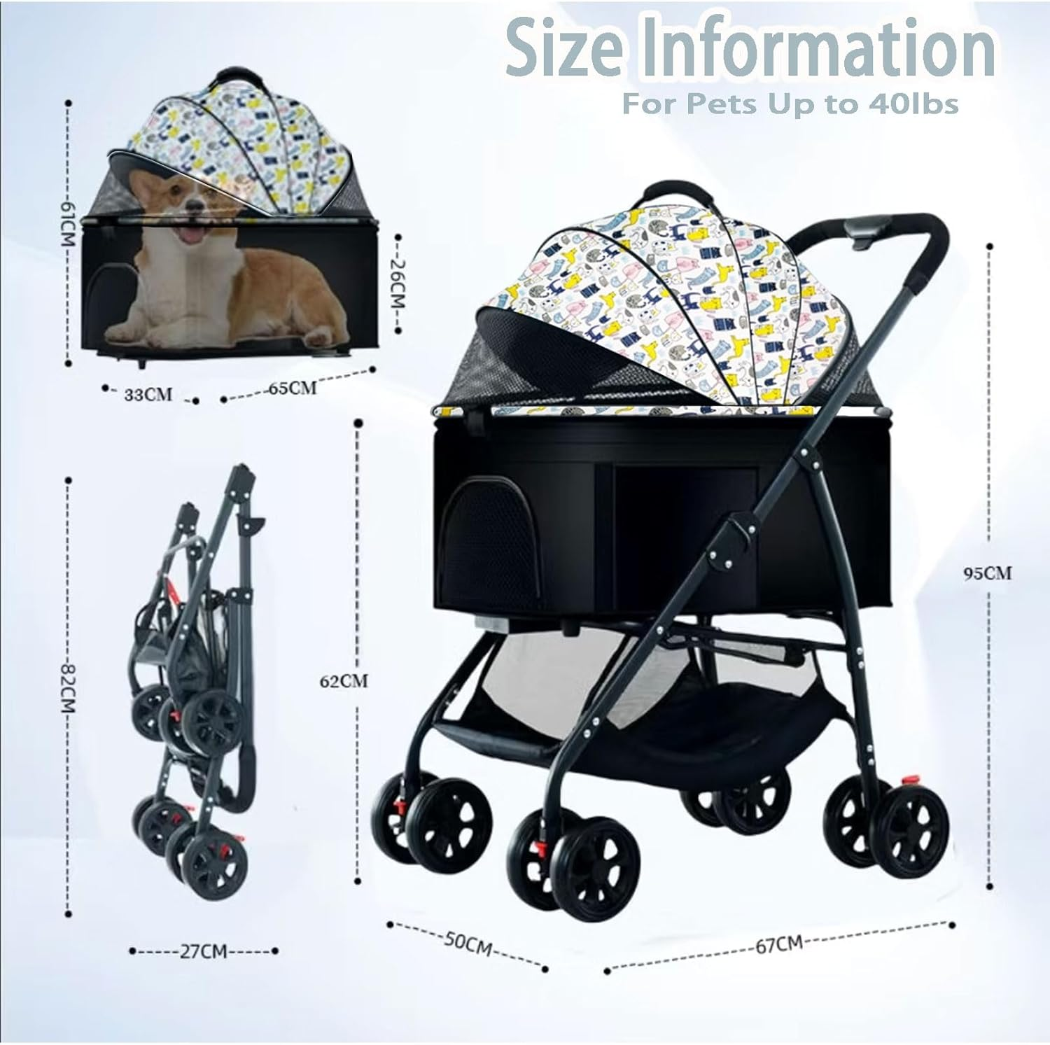 Large Pet Stroller - Dog Cat Carrier Pushchair, Foldable Pram 4 Wheels Black, Detachable Design Baby Pet Stroller, Removable and Washable Padded image number 5