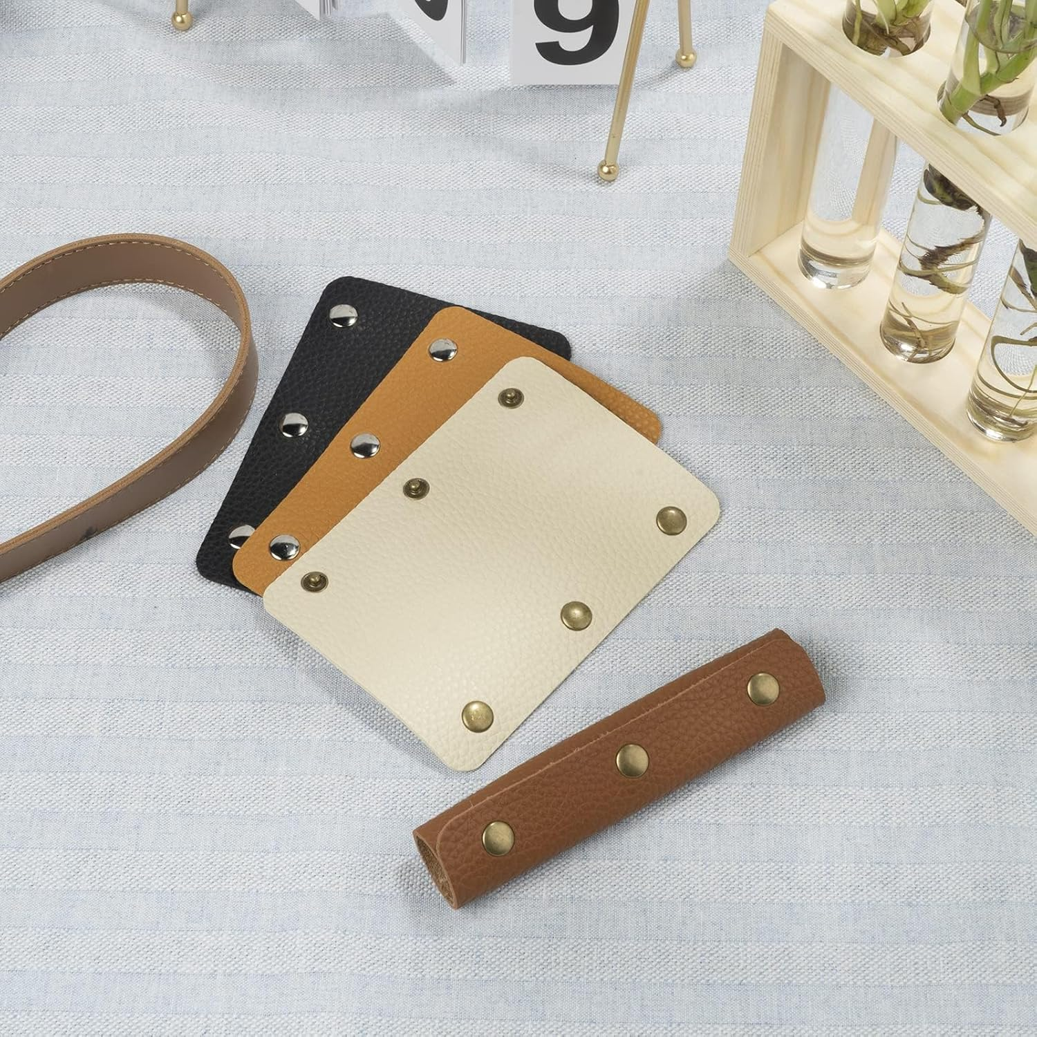 IUAQDP 2-Piece Leather Wrap Cover, Luggage Grip Protector with Brass Clasp, Soft Purse Strap Pad for Shopping, Travel, Suitcase, Tote Bag, Wallet - Brown - Beige image number 6