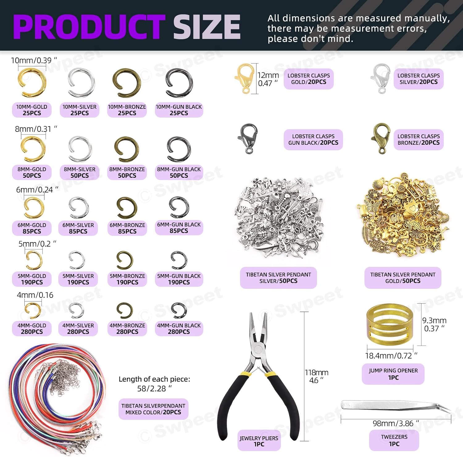 Swpeet 2724Pcs 4Mm 5Mm 6Mm 8Mm 10Mm Open Jump Rings and Lobster Clasps with Jewelry Repair Tools Assortment Kit, Including Waxed Necklace Cords, 12Mm Lobster Clasps, Tibetan Silver Pendant image number 4