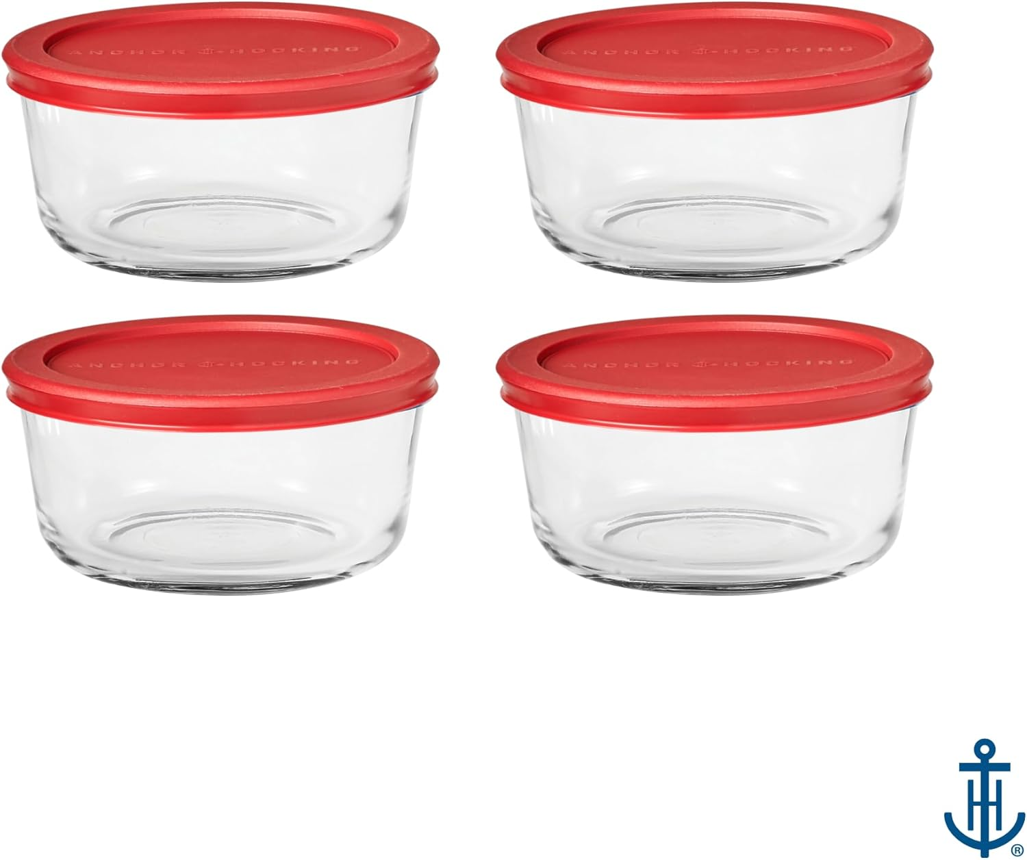 Anchor Hocking Snugfit round Glass Food Storage 4-Piece Container Set with Lids, Red &ndash; Durable Tempered Glass for Oven, Microwave, Freezer & Dishwasher Use &ndash; Resists Stains, Odors &ndash; 4-Cup Capacity image number 1