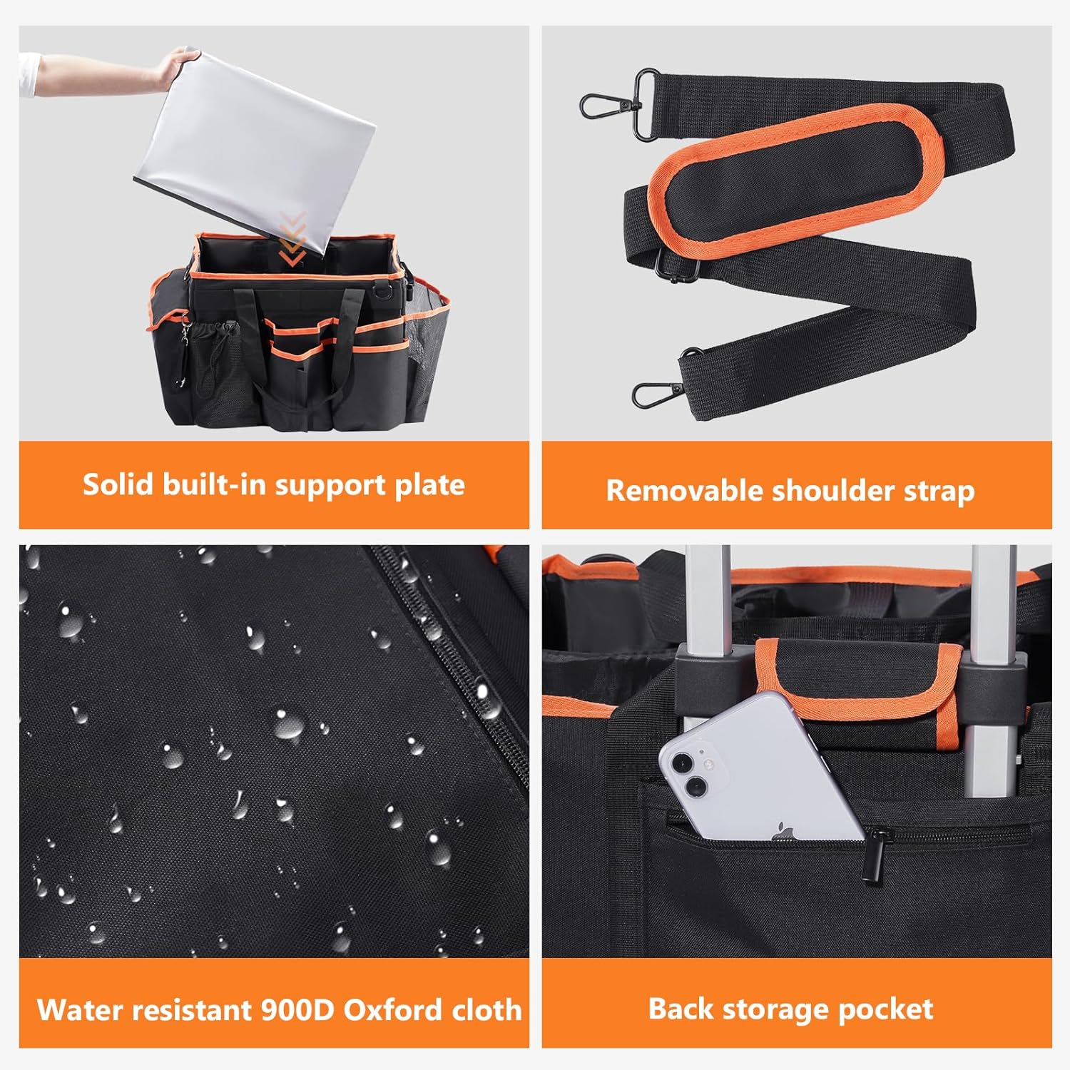 Puricon Cleaning Caddy with Wheels, Professional Portable Rolling Cleaning Supplies Bag with Detachable Trolley Large Cleaning Cart with Handle and Shoulder Strap for Housekeeping -Blackorange image number 5