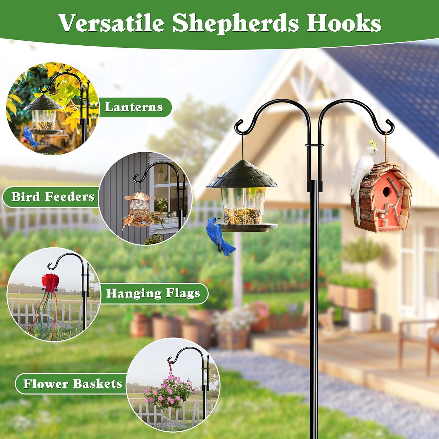 Double Shepherd Hooks for Outdoor, XICEN 79 Inch Heavy Duty Bird Feeder Pole for Hanging Bird Feeder, Garden Hooks Plant Baskets, Garden Plant Hanger Stands with 5 Prong Base image number 6