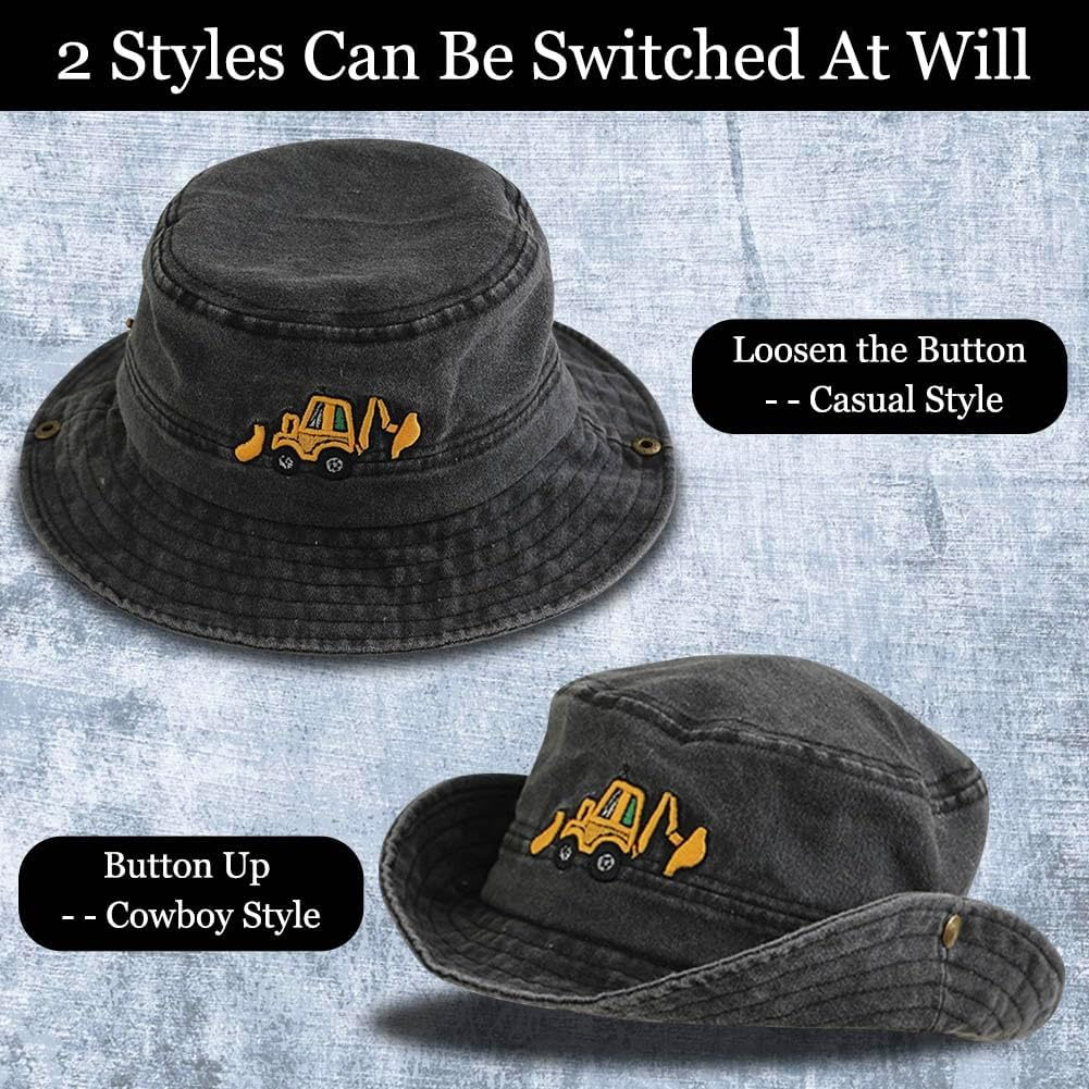 Excavator Embroidered Kids Sun Hat for Boys Girls UPF 50+ Cotton Washed Bucket Cap Wide Brim Toddler Fishing Hat Summer Beach Hat Safari Hat - Washed Red image number 2