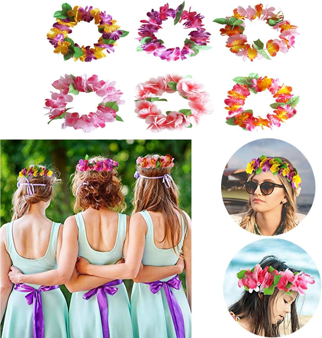 BPNHNA 6PCS Hawaiian Wreaths Headband Tropical Luau Flower Headpiece Leis, Thicker Floral Crown for Summer Beach Pool Party Decorations Favors Supplies, Multicolor image number 3