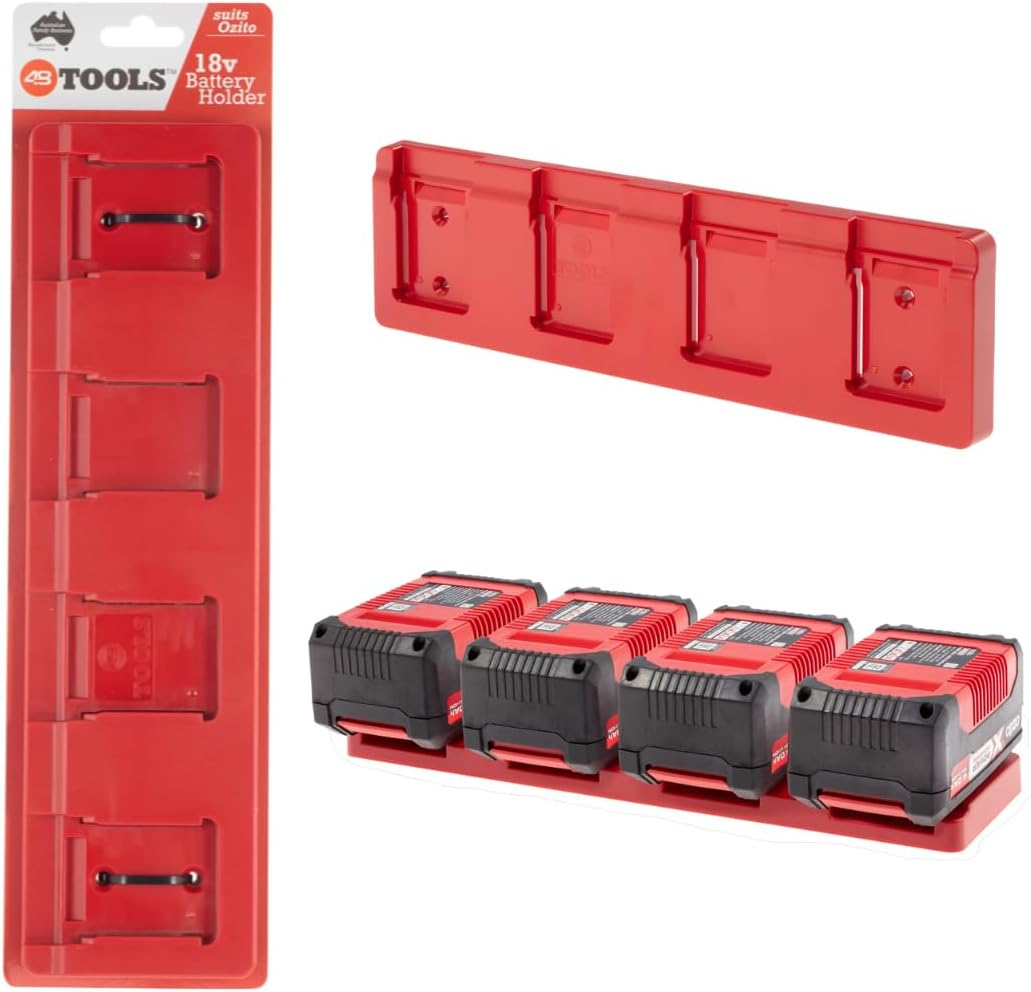 48 Tools Ozito 18V Battery Holder Wall Mount - UV Stabilised ABS Plastic, Secure Locking Mechanism, for Workshop, Truck, Van, Trailer Tool Storage, Model BH-OZI-MOR-04