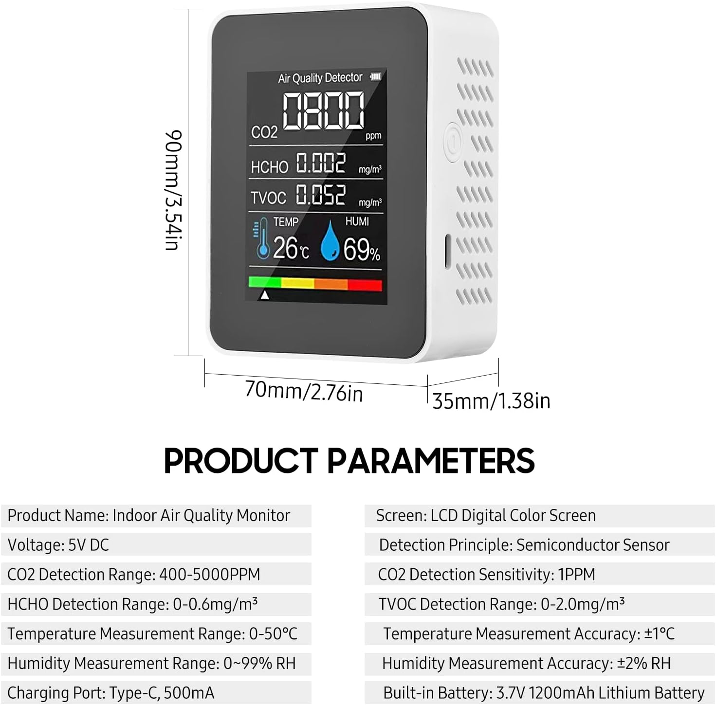 Portable Air Quality Monitor Indoor CO2 Detector 5 in 1 Formaldehyde HCHO TVOC Tester LCD Temperature Humidity Tester Reable CO2 Alarm Meter for Room Office Greenhouse Warehouse image number 6