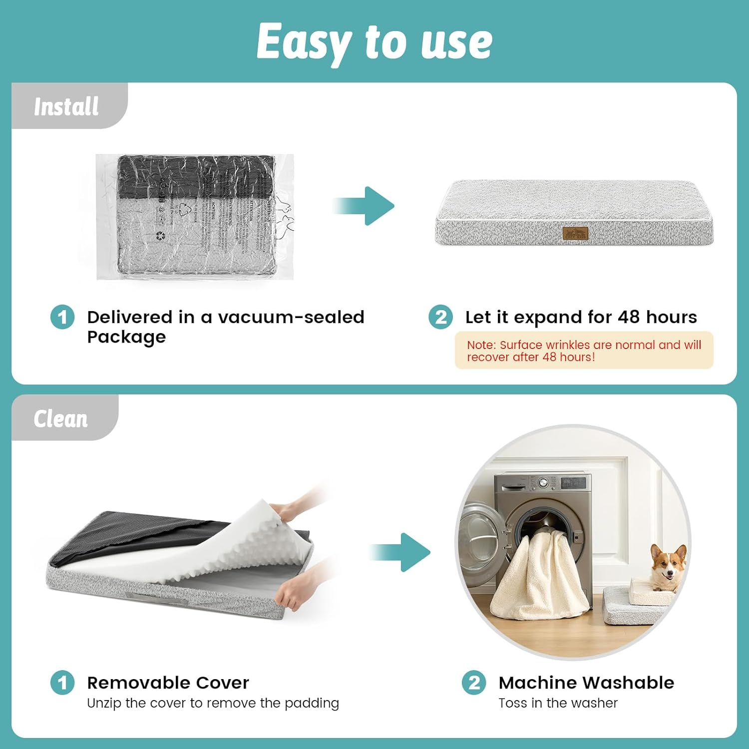 COZY KISS Orthopedic Dog Bed for Large Dog, Xlarge Removable Washable Cover with Waterproof Lining & Anti-Skid Bottom, Rectangular Foam Pet Bed, XL Size, 44X32X3 Inch, Grey image number 3