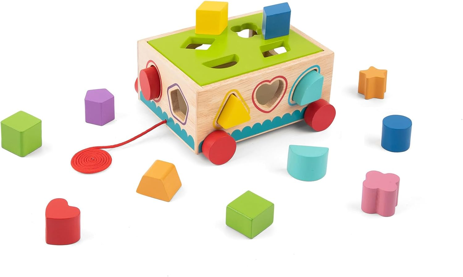 Tooky Toy Woode Shape Sorter Pull along Cart with Wooden Blocks Toddler Toy