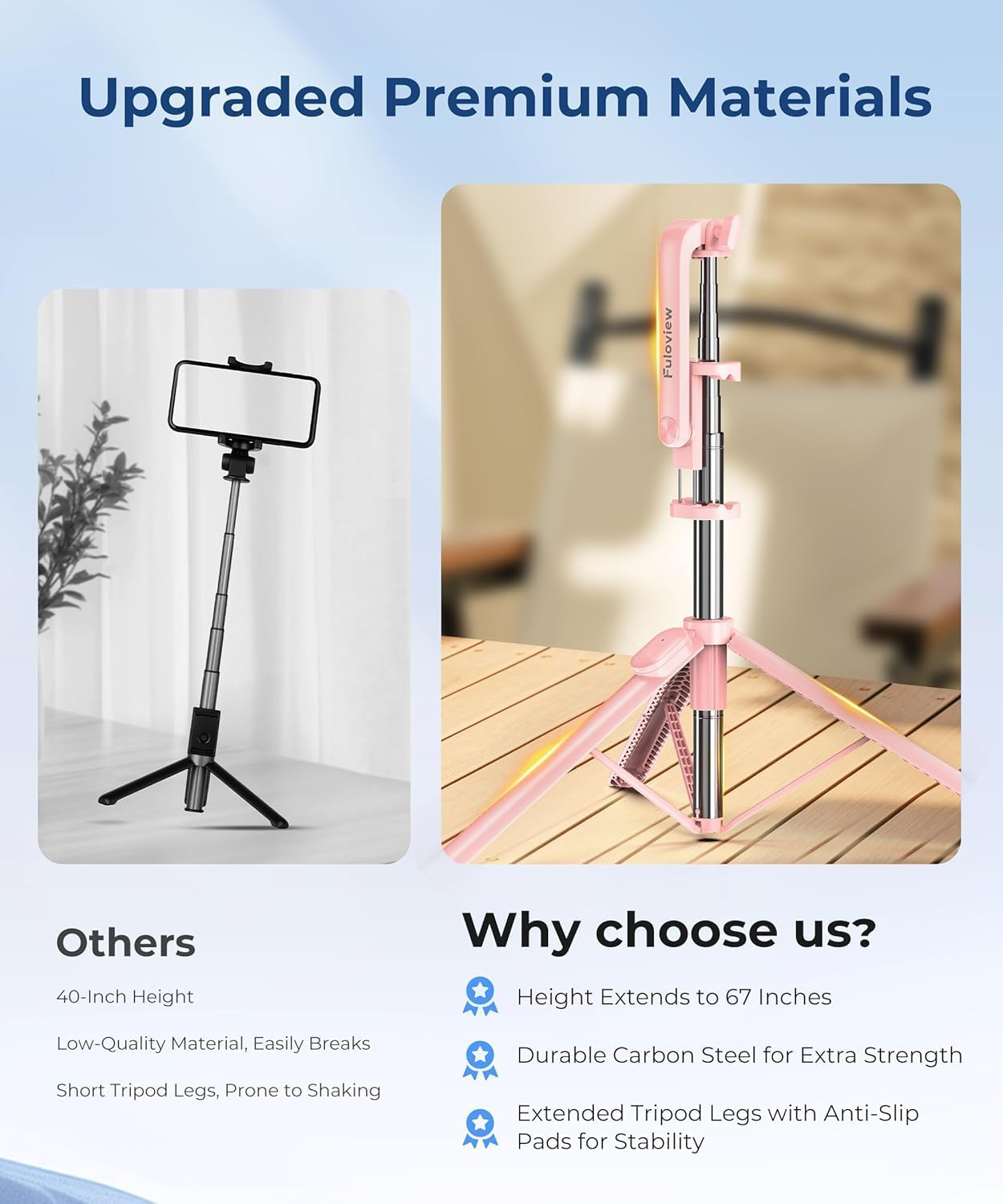 Fuloview 67&rdquo; Phone Tripod & Selfie Stick，Cell Phone Tripod with Wireless Remote,Extendable & Travel Tripod,For Photograph,Live Streaming,Compatible with Iphone/Android (Pink) image number 1