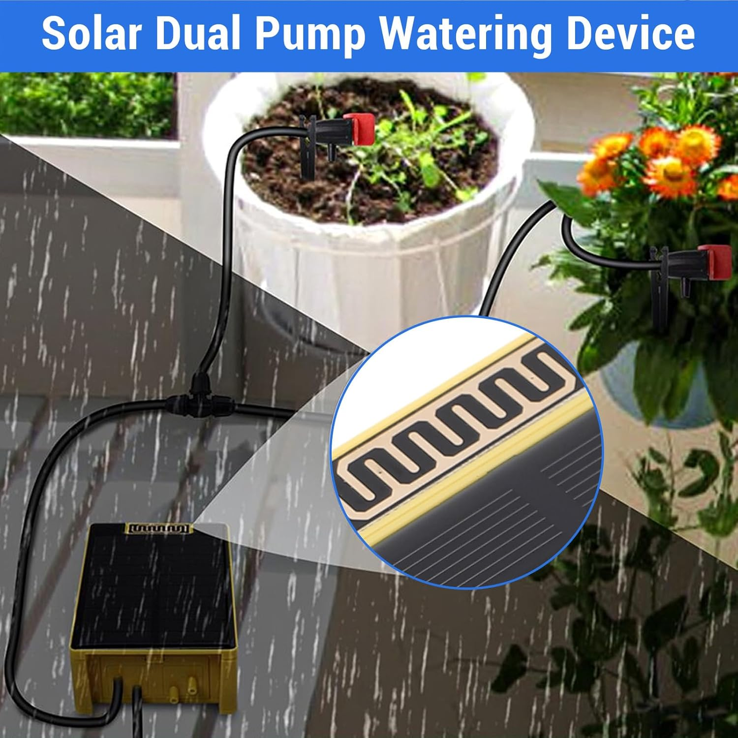Diyeeni Solar Dual Pump Watering Device, 2000Mah Li Battery, with Rain Delay Function for Landscape Garden Greenhouse,Usb Port Indoor Irrigation Kit Intelligent Timing image number 6