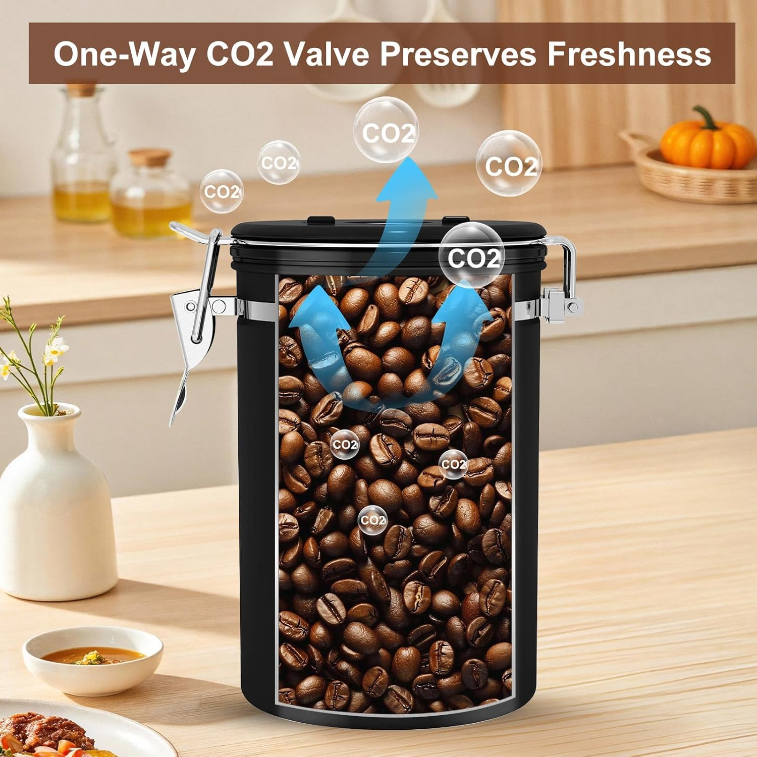 Airtight Coffee Canister with Scoop - Stainless Steel Coffee Grounds Container, Coffee Jar with Date Tracker and CO2 Valve, Coffee Bean Storage for Kitchen Counter or Coffee Bar (Black, 1.8L) image number 3