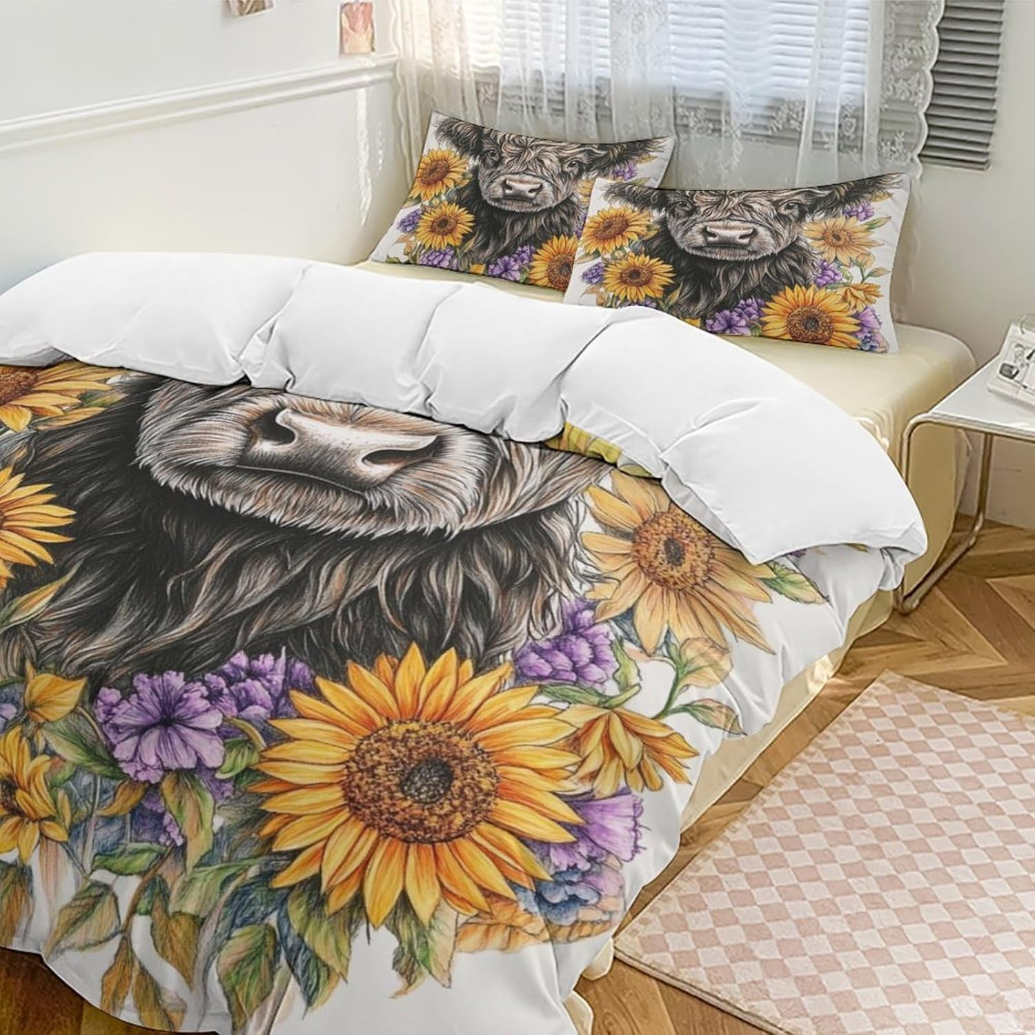 3Pcs Highland Cow Bedding Set Luxury 3D Printed Duvet Cover Sets with Pillowcase Sunflower Animal Quilt Covers Soft Microfiber Comforter Cover with Zipper,Queen（210X210Cm） image number 1