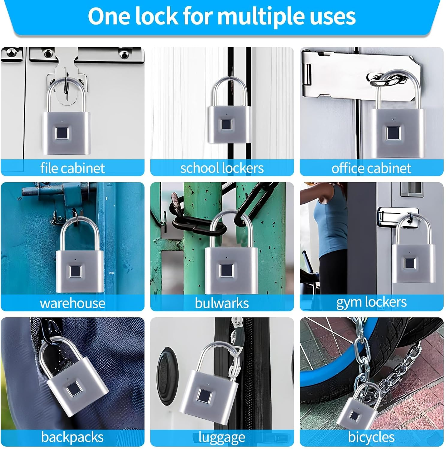 Tenixlox Fingerprint Padlock with Emergency Key, IP66 Waterproof Outdoor Indoor Padlock, Smart Lock for Warehouses, Gym, Schools, Homes, Office Cabinets image number 2