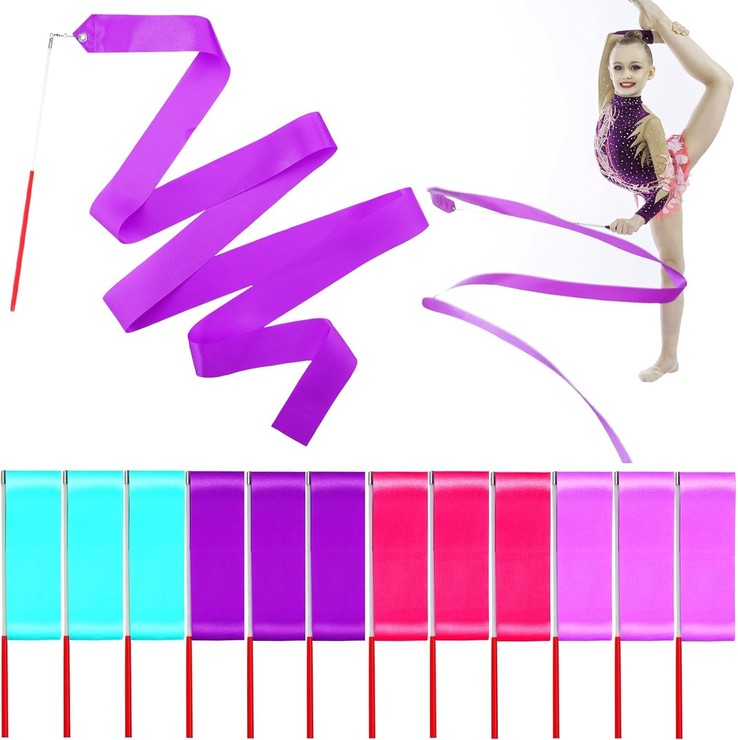 Niceup 12 PCS Dance Ribbons for Kids Mermaid Party Goodie Bag Fillers, Ribbon Dancer Wands for Birthday Gymnastics Ballet Party Favors Decoration, 78.7 Inch Purple Hot Pink Girls Ribbon Streamer image number 4