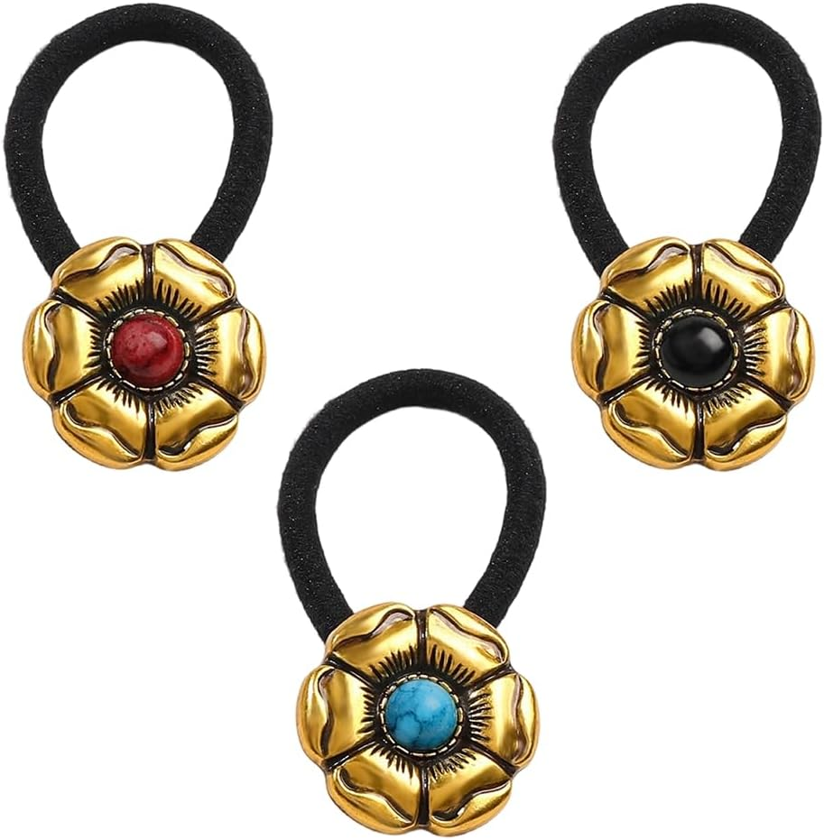 CABODYALS Pack of 6 3 Colours Western Style Metal Ponytail Holder Vintage Boho Turquoise Decorative Hair Bobbles Bracelet Cowgirl Elastic Hair Bands Rope for Women Party Outfit Dress Accessories