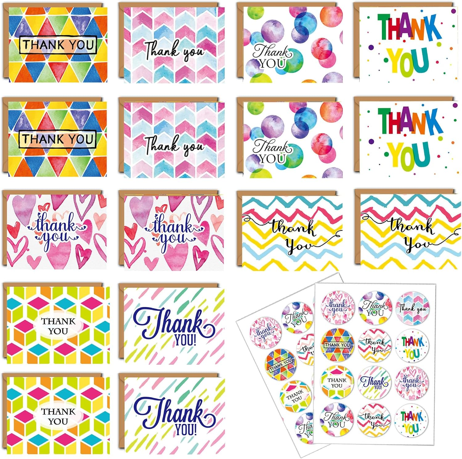 SYTHAK 16PCS Thanks You Cards,With Envelopes and Sticker,Each Greeting Cards Includes 8 Watercolor Designs Blank inside Appreciation Card for Teacher Kids Thanksgiving Christmas.4.1 X 3 In