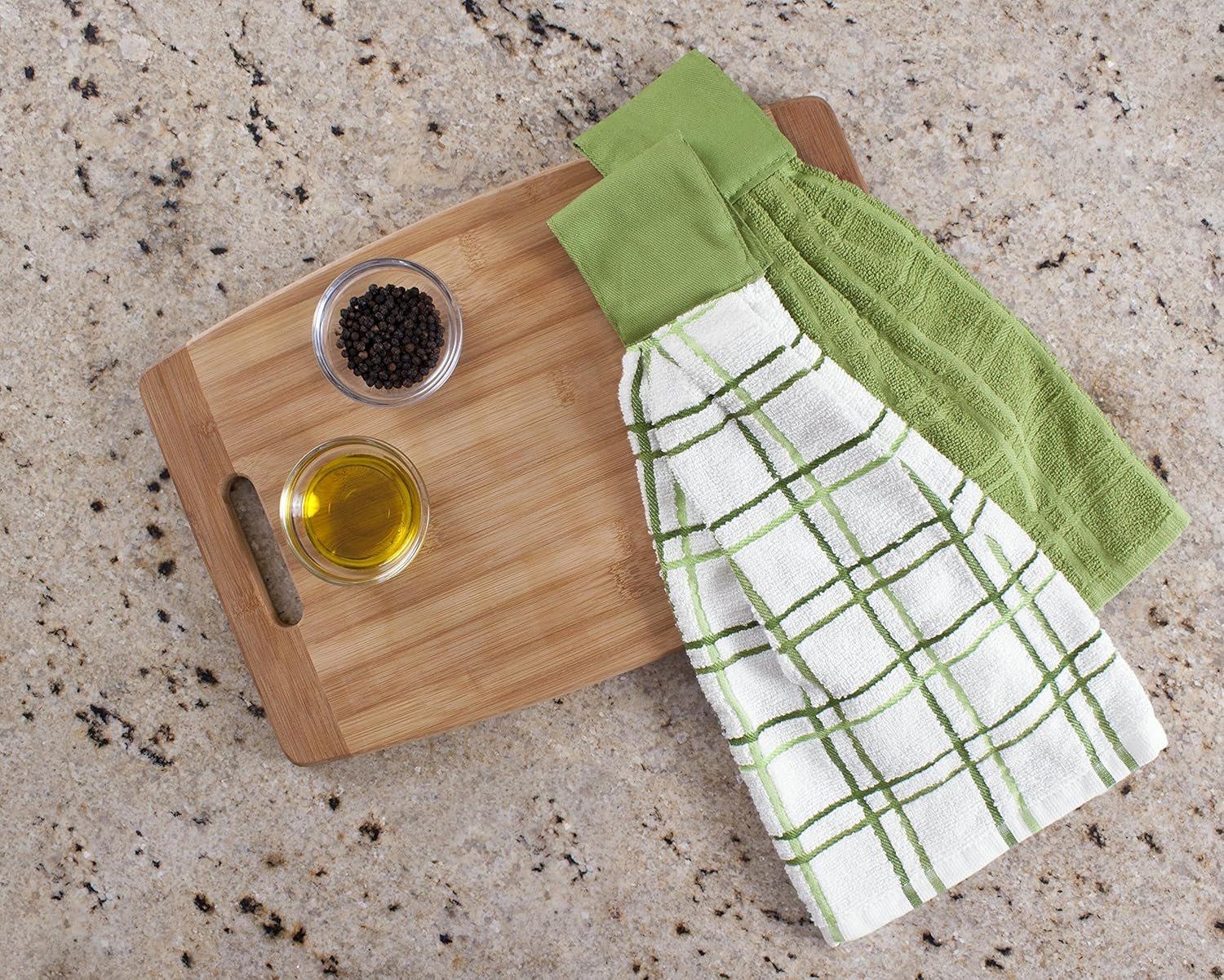 Ritz Premium 100% Cotton Solid and Multi Check Kitchen Tie Towel, Absorbent, Super Soft, and Fast Drying Hang Towel, Set of Two, Cactus Green image number 2