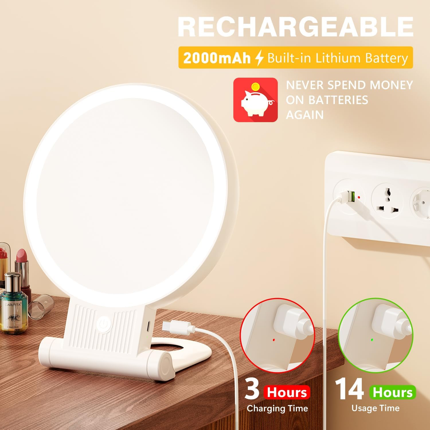 Auxmir 1X/30X Magnifying Mirror with Light, 2000Mah Rechargeable Travel Makeup Mirror with Magnification, Lighted Vanity Mirror with Adjustable Folding Handle, Tabletop Mirror for Tweezing Travel - White image number 3