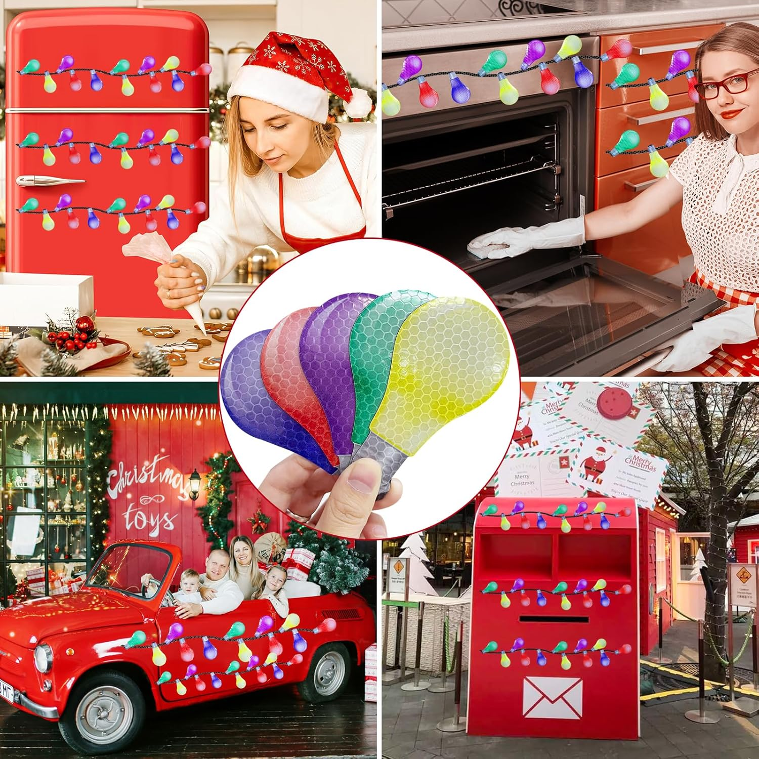 Christmas Car Refrigerator Magnets Lights Stickers, Reflective Car Magnet Decals Ornament, Christmas Bulb Light Shaped Magnets Set, Magnetic Wires Ornaments Decor (Colorful-18Pcs) image number 2