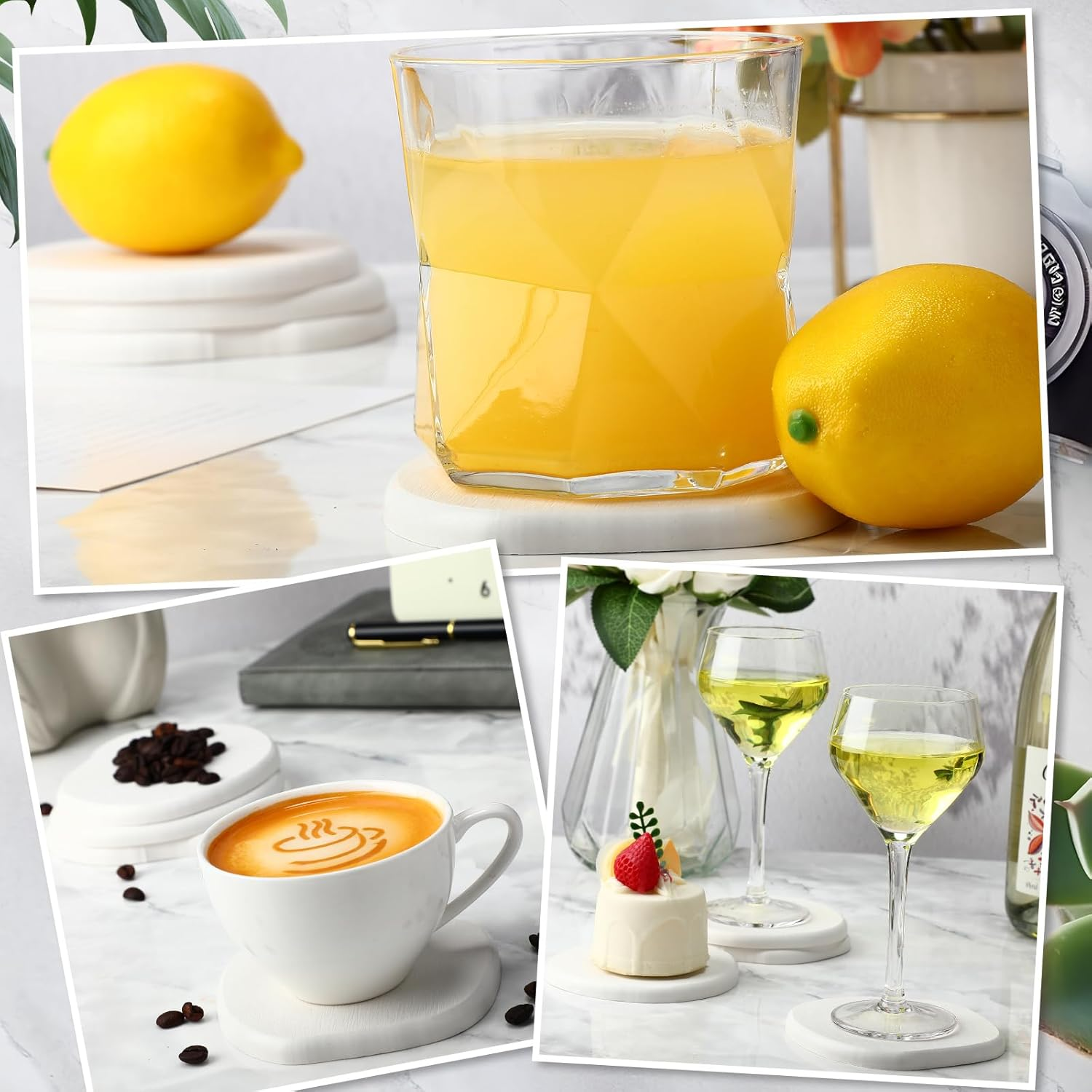 Diatomaceous Earth Coasters Set of 8，Cool Absorbent Quick-Dry Drink Coasters for Desks, Cute Modern Stone Design with Stylish White Aesthetic (8, White) image number 5