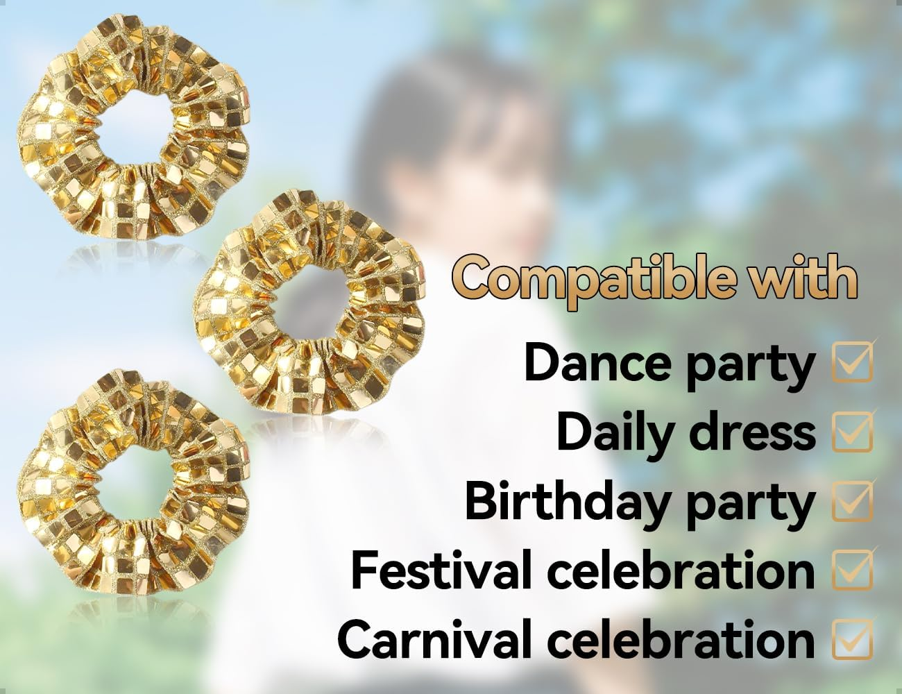 Emezddo Pack of 3 Hair Bobbles, Sequin Ponytail Scrunchies, Glitter Elastic Hair Accessories, Used for Women Girls Sports Disco Carnival Theme Party Birthday (Gold) image number 6