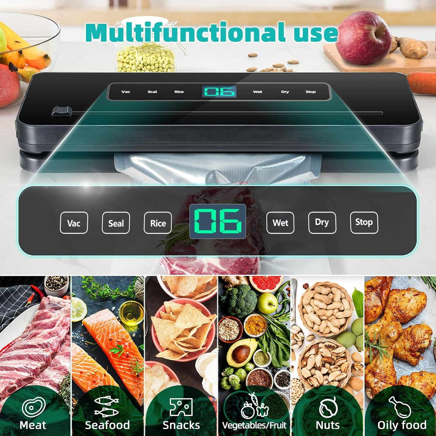 80Kpa Vacuum Sealer Machine Fresh Meat Dry Wet Food Saver Storage Machine Heat Packing120W Countertop Automatic Airtight with Bags image number 2