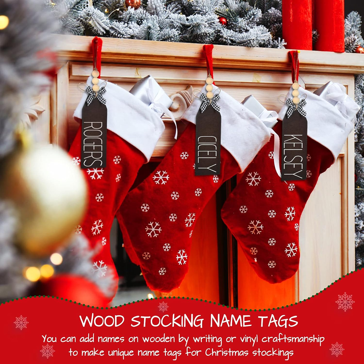 18 Pieces Christmas Wood Stocking Name Tags DIY Stocking Signs Personalized Farmhouse Stockings Name Tag with Buffalo Check Bows for Christmas Closet Xmas Hanging Decoration(Dark Color) - 12, Multi Color image number 7