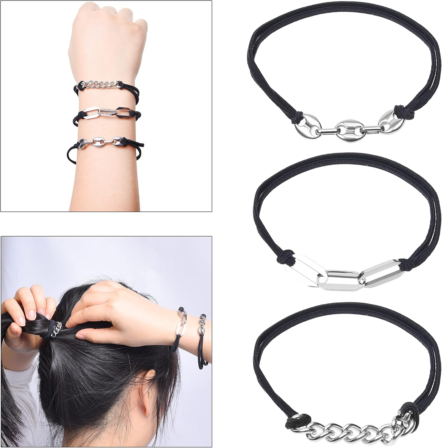 Eco-Fused 3X Bracelet Hair Ties - Elastic Decorative Jewelry Ponytails - Fashionable Wear on Wrist Ties - for Men, Women, Girls, Teens (Black with Silver Metal Chain)