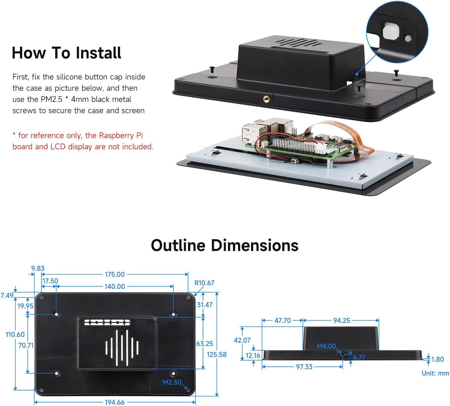 Waveshare Protective Case, Compatible with Rpi 7Inch Touch Display 2 and Raspberry Pi 5,Compatible with Multiple 7-Inch Screens, Supports Installing Raspberry-Pi Hats, Reserved Rich Interfaces，Black image number 2
