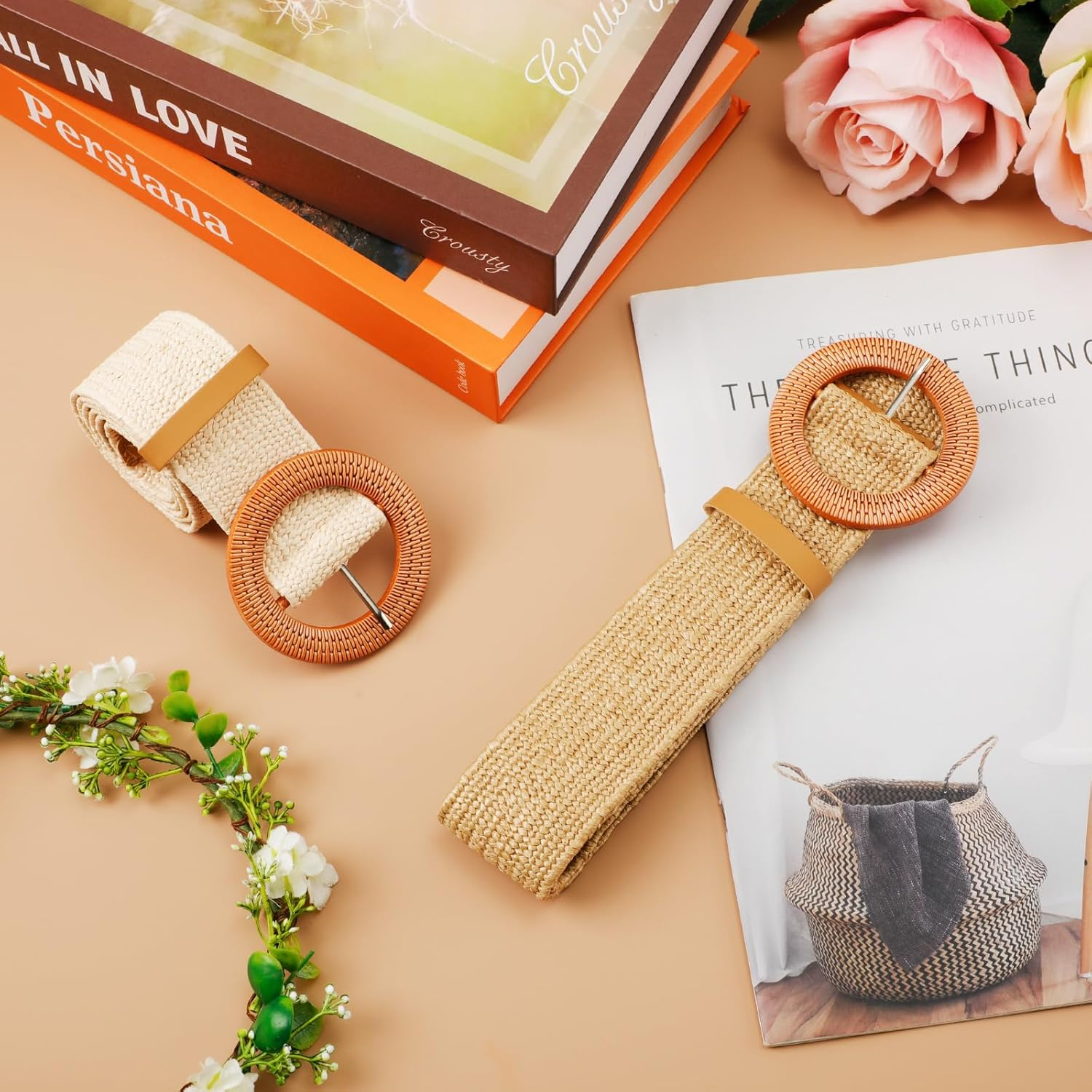 2Pcs Braided Waist Belts for Women, Straw Woven Elastic Belt Summer Dress Belts Boho Wide Stretch Braided Belt with Round image number 6