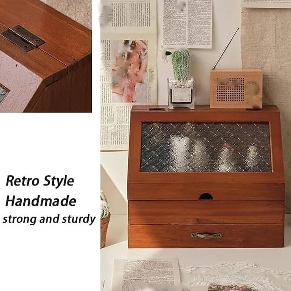 2 Tier Countertop Display Cabinet,Vintage Tabletop Organizer with Drawer Glass Top Compartment,Cosmetic Display Case with Drawer,Waterproof and Dustproof Transparent Cover,Wooden Desktop Storage Box image number 6