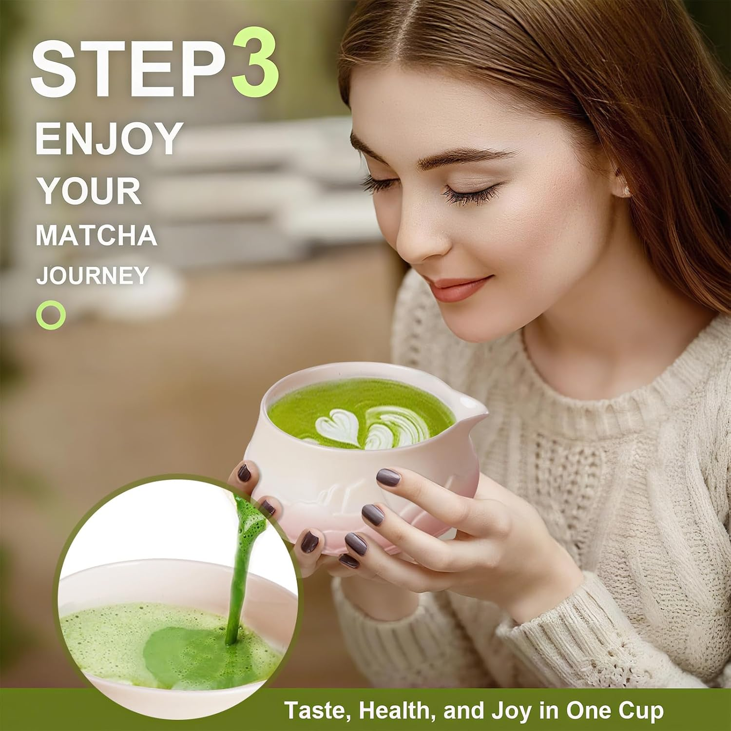 5 Pcs Matcha Whisk Set, Japanese Matcha Set, Ceramic Matcha Bowl with Spout, Matcha Whisk Holder, Bamboo Matcha Whisk, Stainless Sifter, and Scoop for Matcha Tea Ceremony image number 2