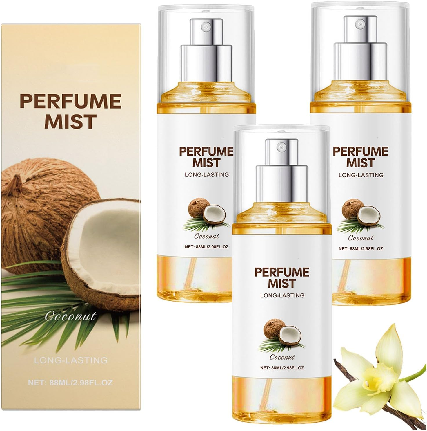 Coconut Women'S Perfume Spray, Long-Time Fragrance, Light Texture, Fresher and Gentle, Essential Oils for Hair and Body, Body Spray, Charming Fragrance Anytime, Anywhere, for Everyday Use (3Pcs)