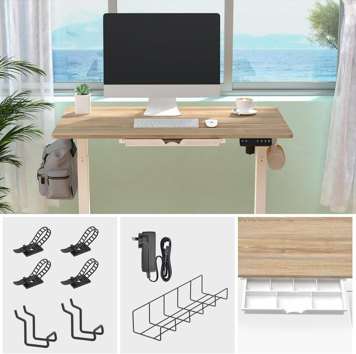 Anshine 100 X 60Cm Electric Standing Desk, Height Adjustable Stand Desk with Drawers,Sit Stand Computer Home Office Desk (Oak Top White Legs)