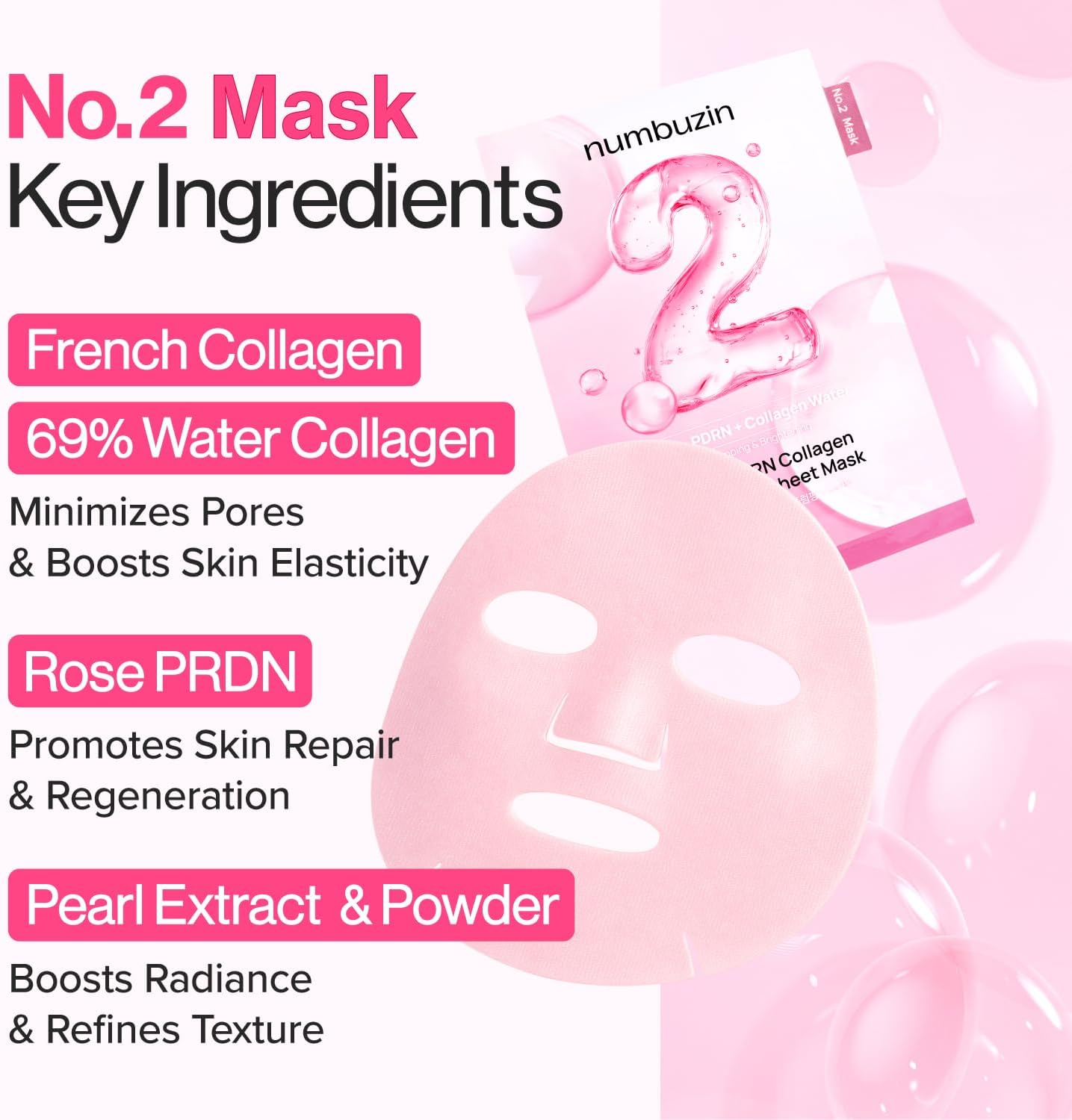 Numbuzin No.2 Sheet Mask | Rose PDRN Collagen Plumping Sheet Mask | Korean Mask for Face | Brightening, Hydrating, Firming and Moisturizing | Collagen, Peptides, PDRN | 4Ea image number 4
