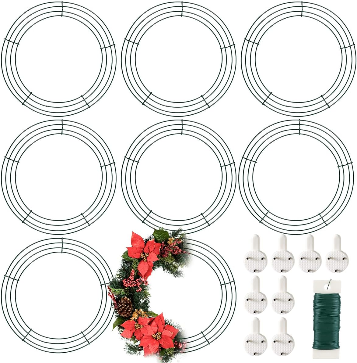 8 Pack Wire Wreath Frame 14 Inch Metal Wreath Form Wreath Ring for Crafts DIY Front Door Wreaths Christmas New Year Wreaths Valentines Wedding Garden Home Party Decoration with 38 Yard Paddle Wire image number 3