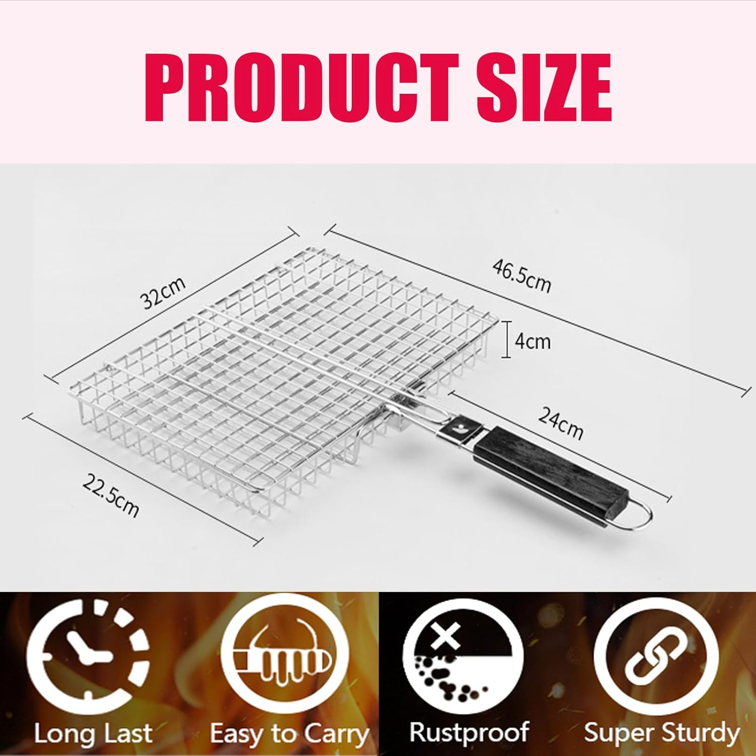 CHONYI Grill Basket Extra Large,Barbecue Accessories,Stainless Steel BBQ Grill Basket Portable Camping Grilling Rack with Removable Handle for Fish,Vegetables,Grilling Gifts for Men, Dad (32*23*4CM) image number 4