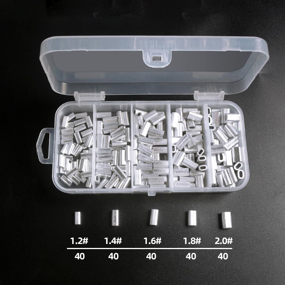 Mingzhe 200Pcs Aluminum Crimp Sleeves Connector Kit 5 Sizes Double Barrel Crimp Sleeves for Fishing Line image number 6