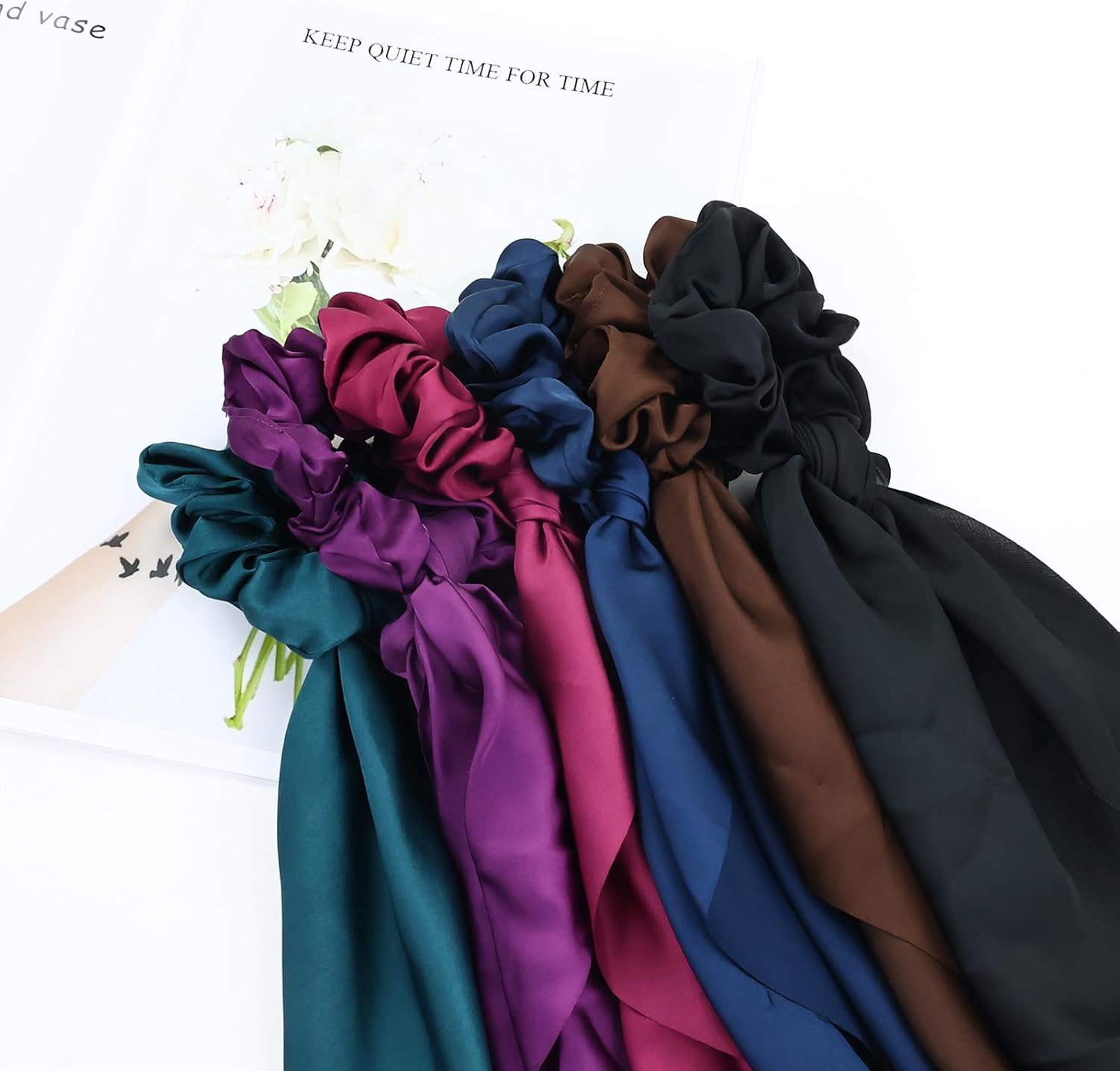 Cinaci 12 Pack Solid Silk Chiffon Stretchy Hair Ties with Long Ribbon Bow Hair Scrunchies Elastics Hairbands Ponytail Holders Rubber Bands Accessories for Women Girls image number 4