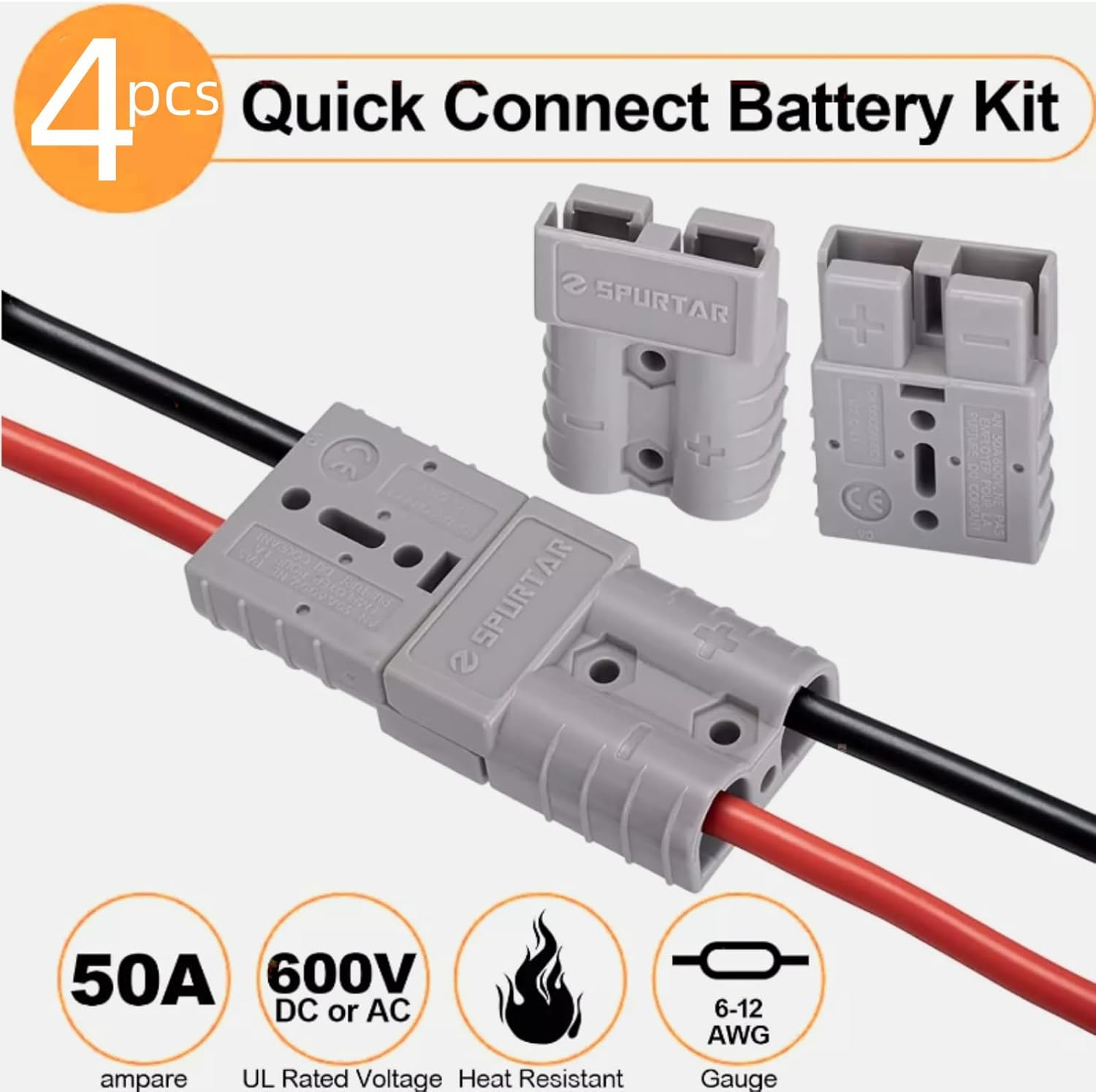 4 Pcs 50AMP Anderson Style Connector Battery Quick Connect/Disconnect with 2PCS Handle, Jumper Cable Plug Connector Kit for Recovery Winch, Towing Systems(Grey) image number 1