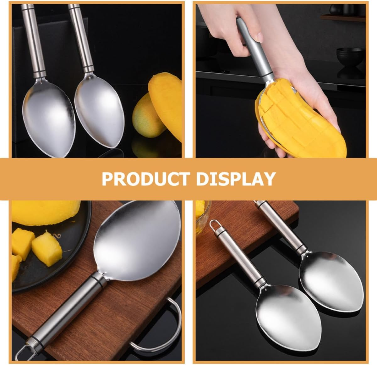 SEWACC 2Pcs Mango Prep Tool Set with 304 Stainless Steel Peeler, Dicer and Scooping Spoon for Skin Removal and Cubes Cutting, Kitchen Gadget for Home Fruit Preparation and Travel Use image number 1