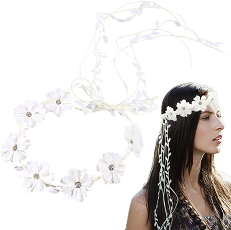 Atifober Hippie Daisy Flower Headbands for Women，White Flower Crown 70S Flower Headbands Fashion Floral Crown Headpiece Daisy Hair Wreath Hippie Hair Accessories for Prom Wedding Party Photo Props image number 1
