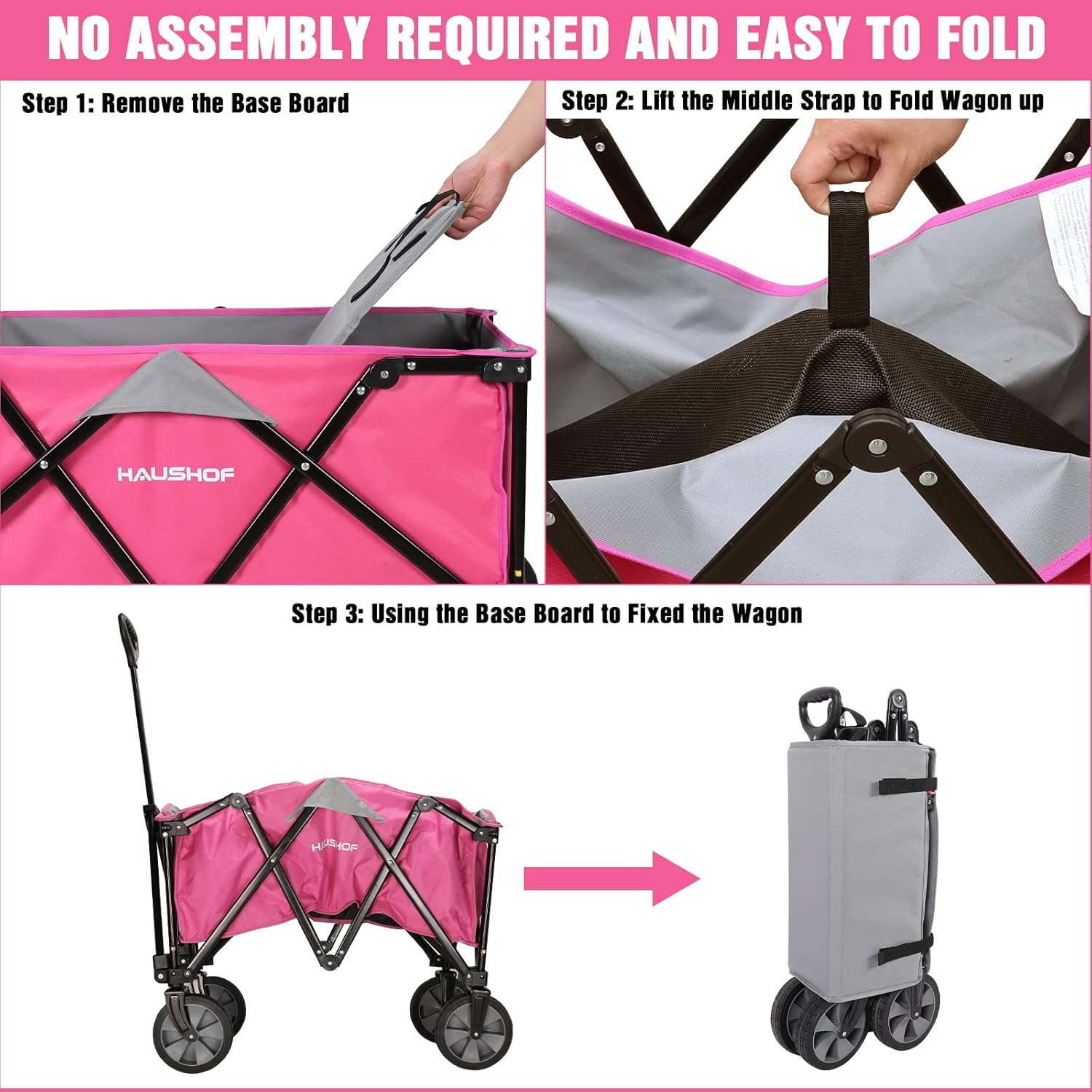 HAUSHOF Heavy Duty Collapsible Wagon, Folding Outdoor Utility Wagon, Camping Garden Beach Cart with Universal Quick Release Wheels, Adjustable Handle, 176 Lbs Load Capacity, Pink image number 4