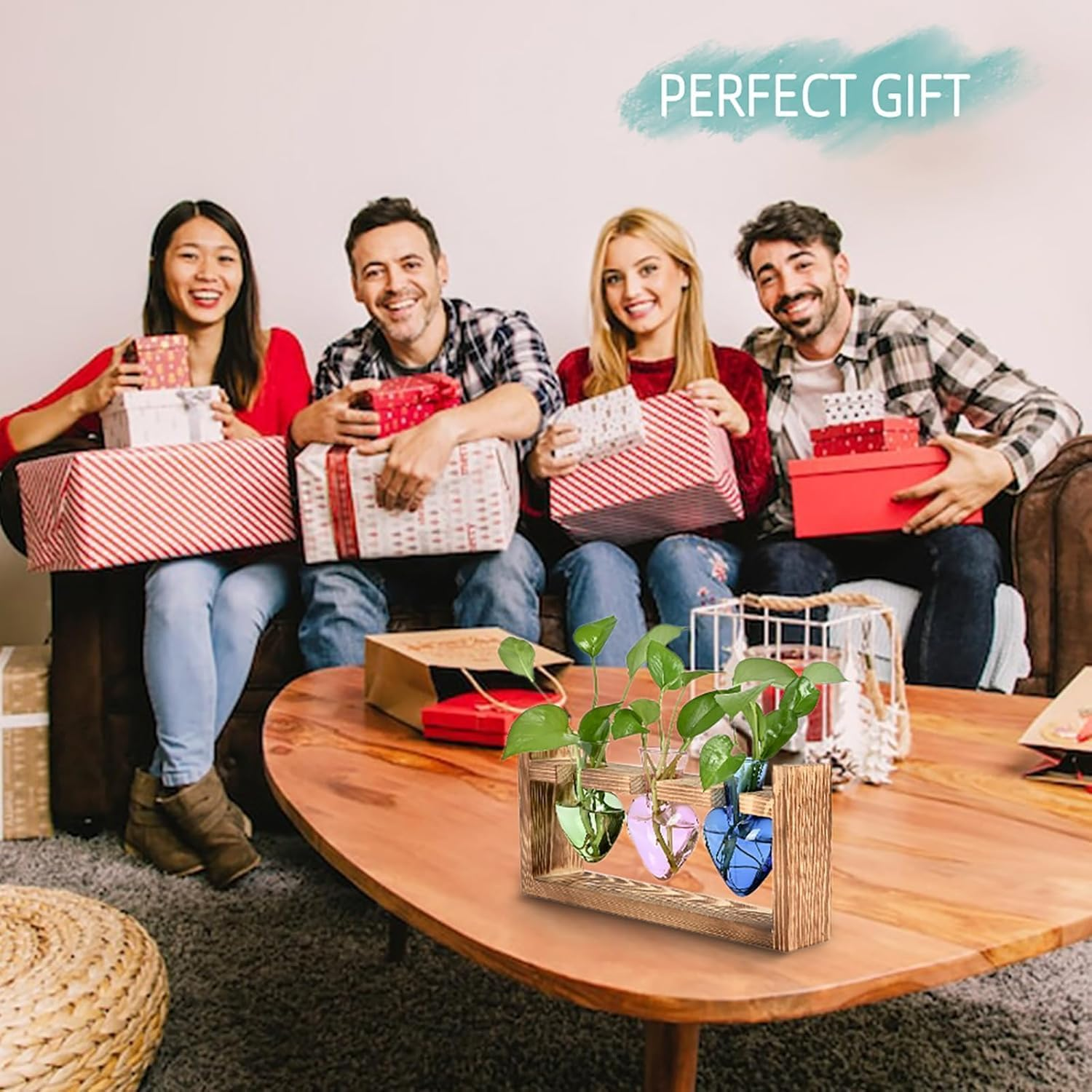 Heart-Shaped Glass Propagation Station with Wooden Stand, 3 Vases, Hydroponics Plant Terrarium, Home Decor image number 2