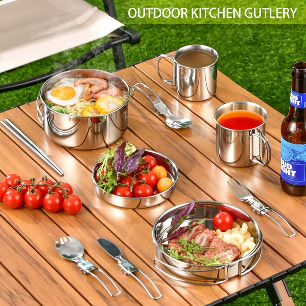 ABDULWEN Outdoor Hiking Picnic Stainless Steel Camping Tableware Kit with Camp Dishes, Cooking Utensils Accessories, Plates and Dinnerware Set image number 6