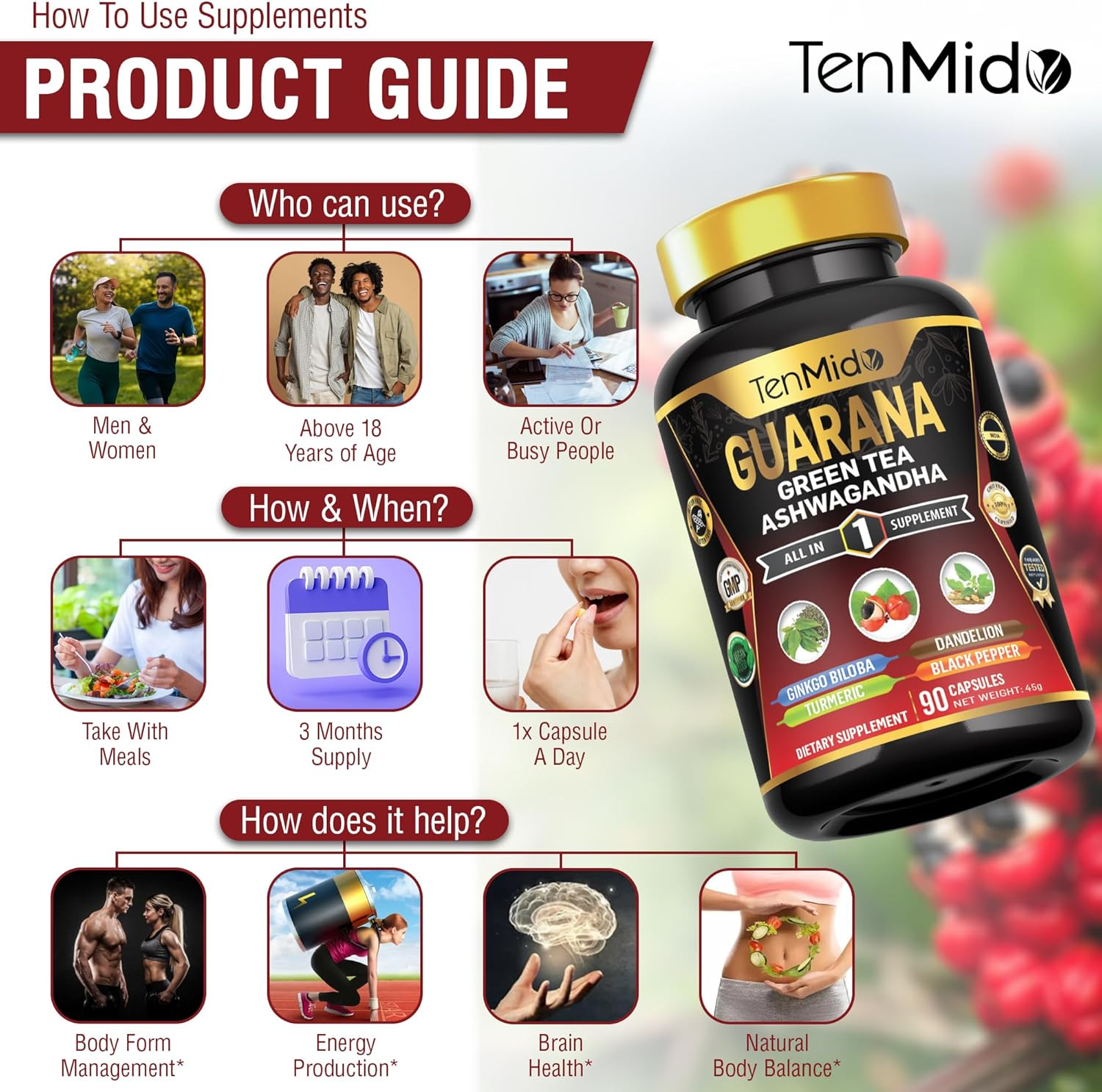 Guarana Supplements - 7In1 with Green Tea, Ashwagandha, Ginkgo Biloba, Turmeric, Dandelion and Black Pepper - 90 Vegan & Non-Gmo Capsules image number 4