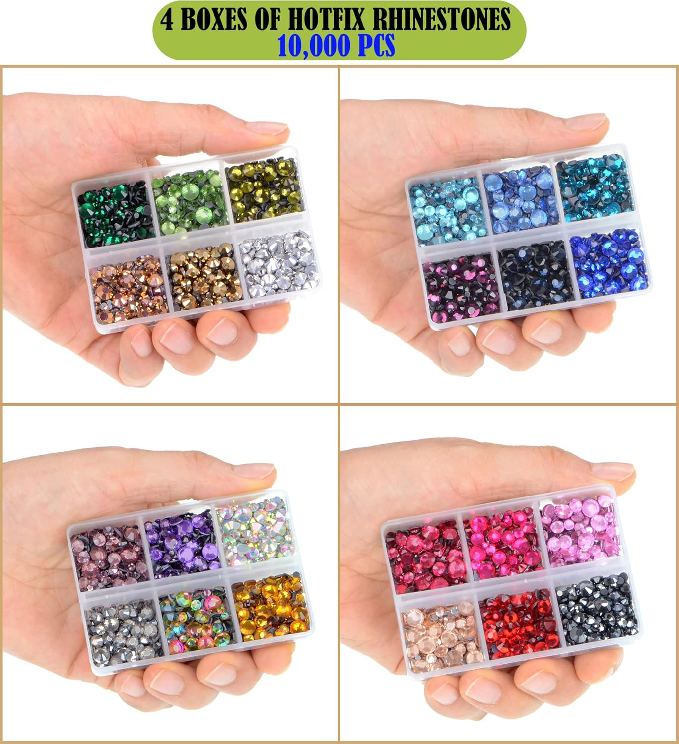 Lpbeads 10000Pcs Hotfix Rhinestones Flatback Glass Crystal 24 Mixed Color Rhinestone with Tweezers and Picking Pen for Crafts Clothes Nail Art - 4 Colors And 5 Sizes Each Color 1 image number 4
